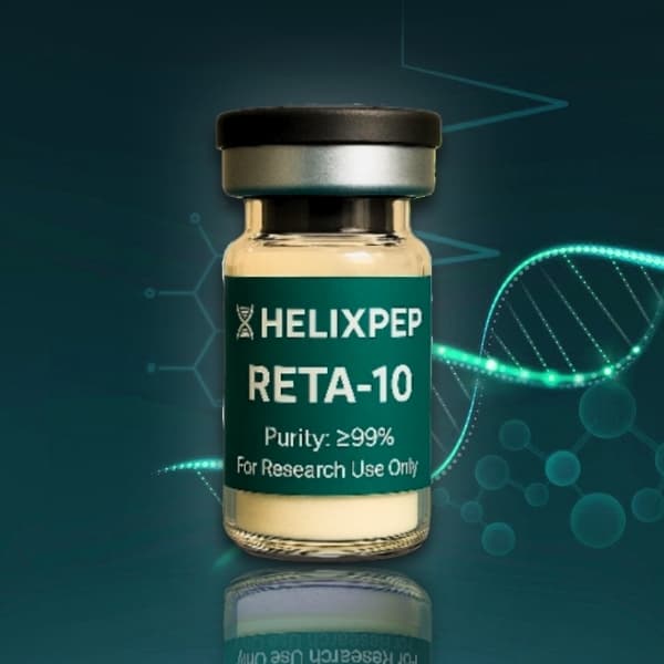 HelixPep RETA-10 research peptide vial with ≥99% purity, used for laboratory research and scientific studies